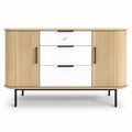 **Technische titel in het Nederlands: Modern Eikenhouten Dressoir met Witte Lades en Zwart Metaal**