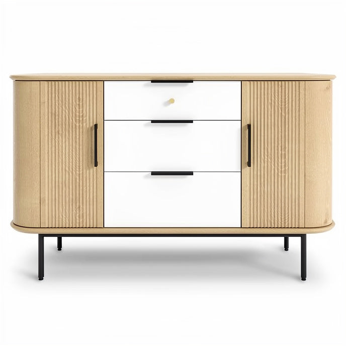 **Technische titel in het Nederlands: Modern Eikenhouten Dressoir met Witte Lades en Zwart Metaal**