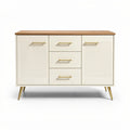 **Technische titel in het Nederlands: Retro wit en houtkleurig dressoir met golden accenten**