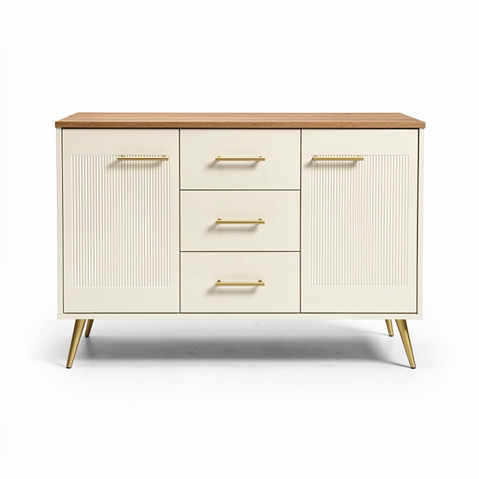 **Technische titel in het Nederlands: Retro wit en houtkleurig dressoir met golden accenten**