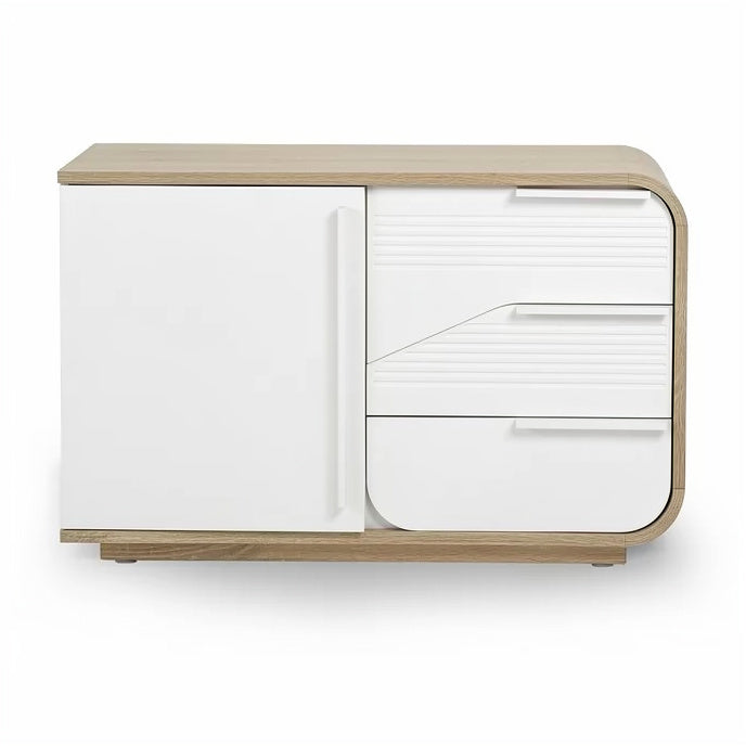 **Moderne Kast met Houten Accent en Gladde Deuren**