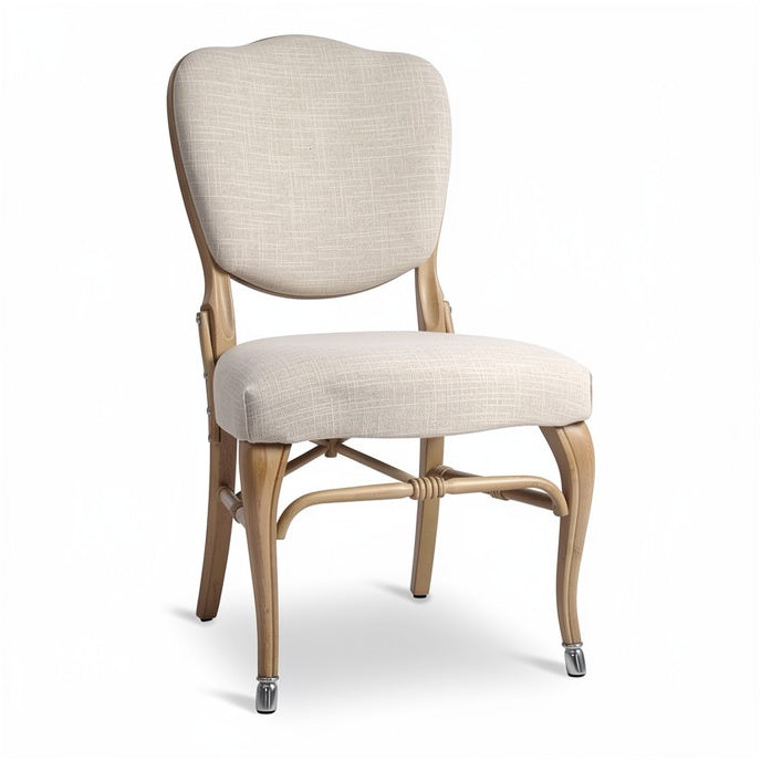 **Houten eetstoel met bekleding en verchroomde poten**