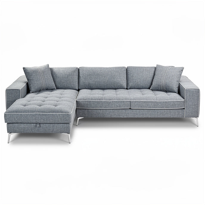 **Technische titel in het Nederlands: Moderne grijze hoekbank met chaise longue en kussens**
